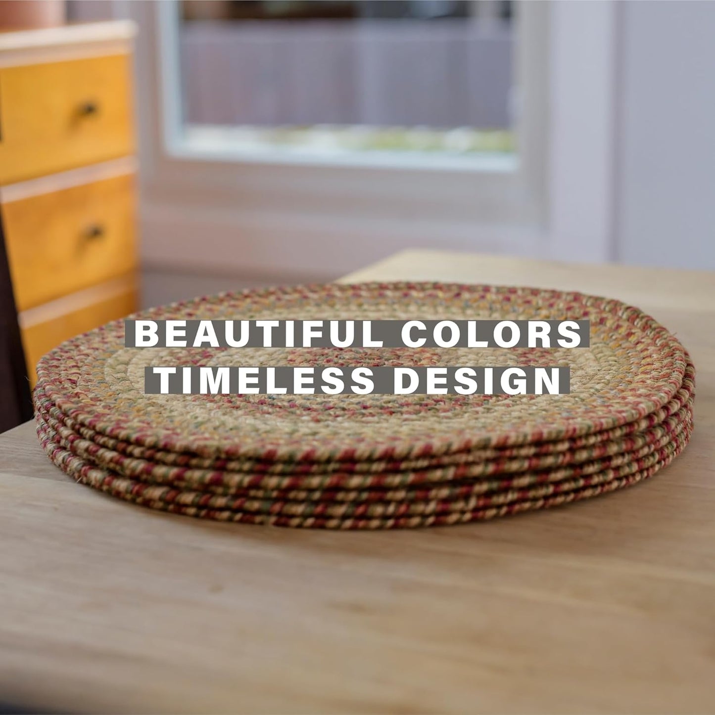 Harvest Jute Woven Round Placemats Set of 6, 15", Warm Country Decor, Multicolor Table Mats - Vibrant Colors, Durable, Easy to Clean and Protects Furniture