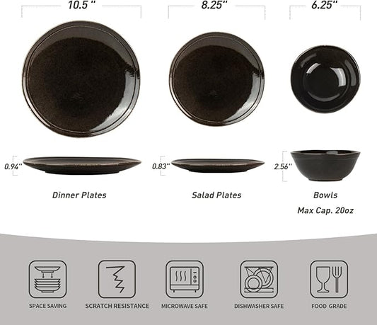 Famiware Aegean Stoneware Dinnerware Set for 8, Plates and Bowls Sets, 24 Pieces Scratch Resistant Dinner Set, Handmade Irregular Round Dishes - Microwave and Dishwasher Safe, Black Coffee