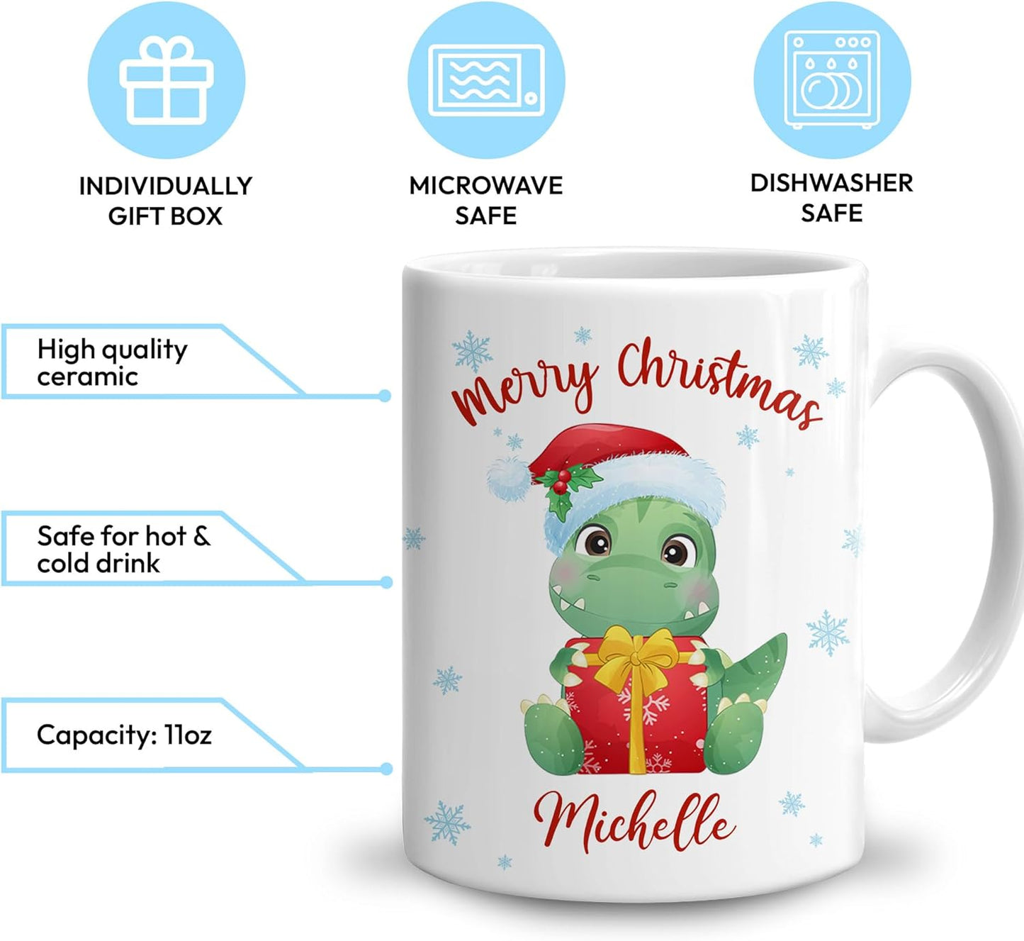 Hyturtle Personalized Gifts Dinosaur Lover - Dinosaur Wearing Santa Hat Custom Name Ceramic Coffee Mug Cup 11oz - Cute Animal Lovers Gifts For Women, Girl kids Family On Birthday, Christmas