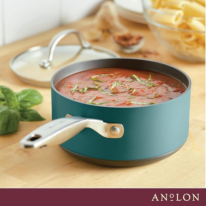Anolon Achieve Hard Anodized Nonstick Sauce Pan with Lid, 2 Quart, Teal