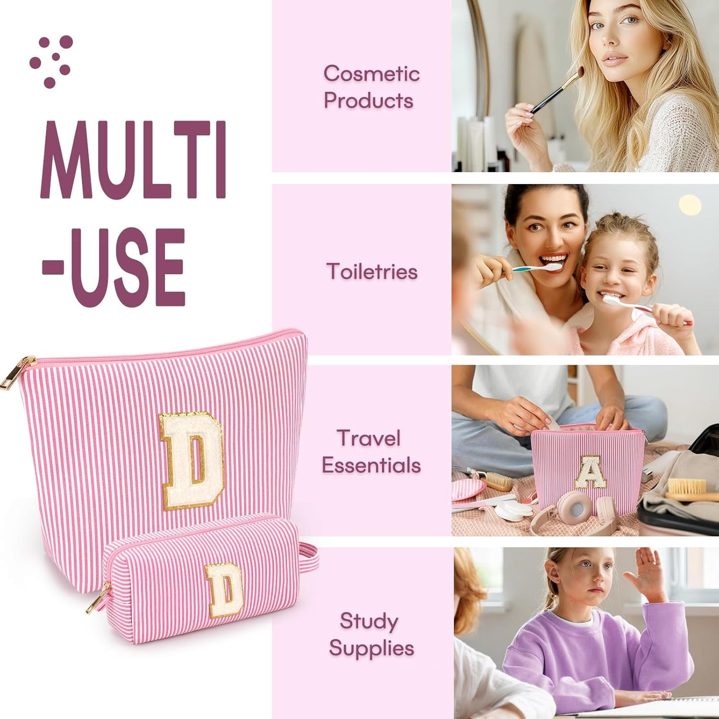 2 PCS Initial Makeup Bags for Women: Cosmetic Bag for Travel Toiletry - Birthday Gifts for 11 12 13 14 15 16 17 18 Years Old Girl Graduation Teacher Gift- Teen Girl Gifts Trendy Stuff - Pink D