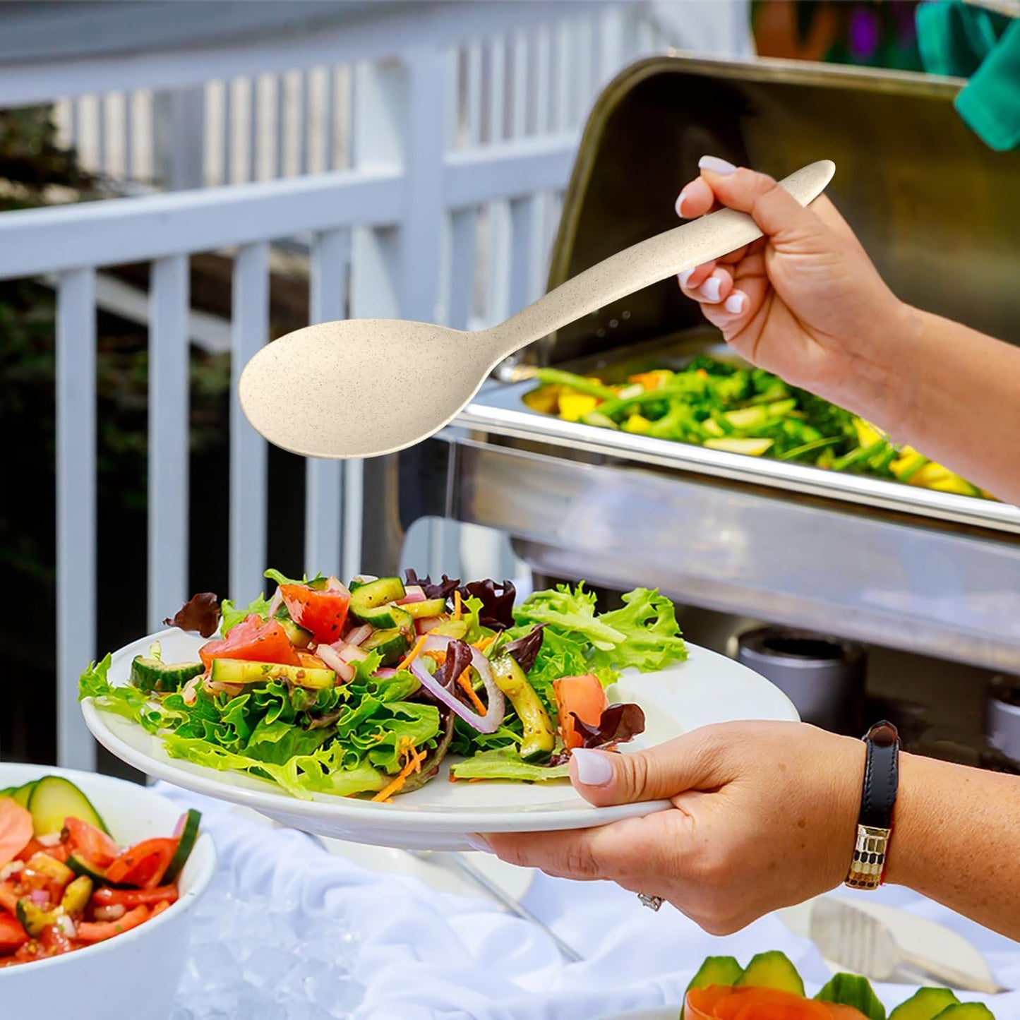 8 Pack 10" Large Reusable Plastic Wheat Straw Serving Spoon Set, 4 Serving Spoons & 4 Slotted Spoons, Kitchen Mixing Serving Spoon for Buffet Chafing Dish Catering (Khaki, Not for Cooking)