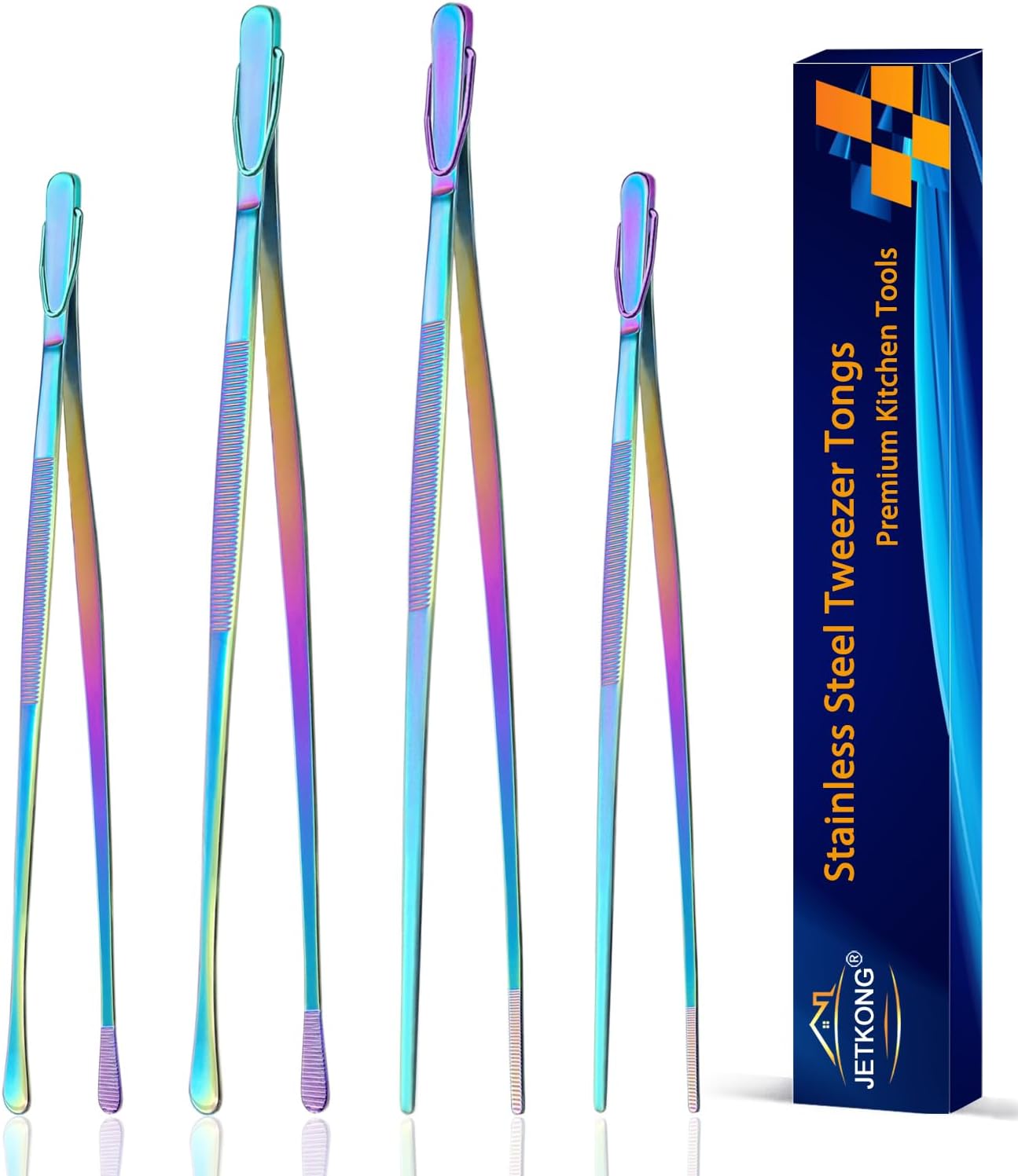 JETKONG 4 Pcs Kitchen Tweezers, 12'' and 10'' Stainless Steel Cooking Tweezers Set, High-Precision Tweezers Tongs for Cooking, Repairing, Seafood and BBQ (Rainbow)