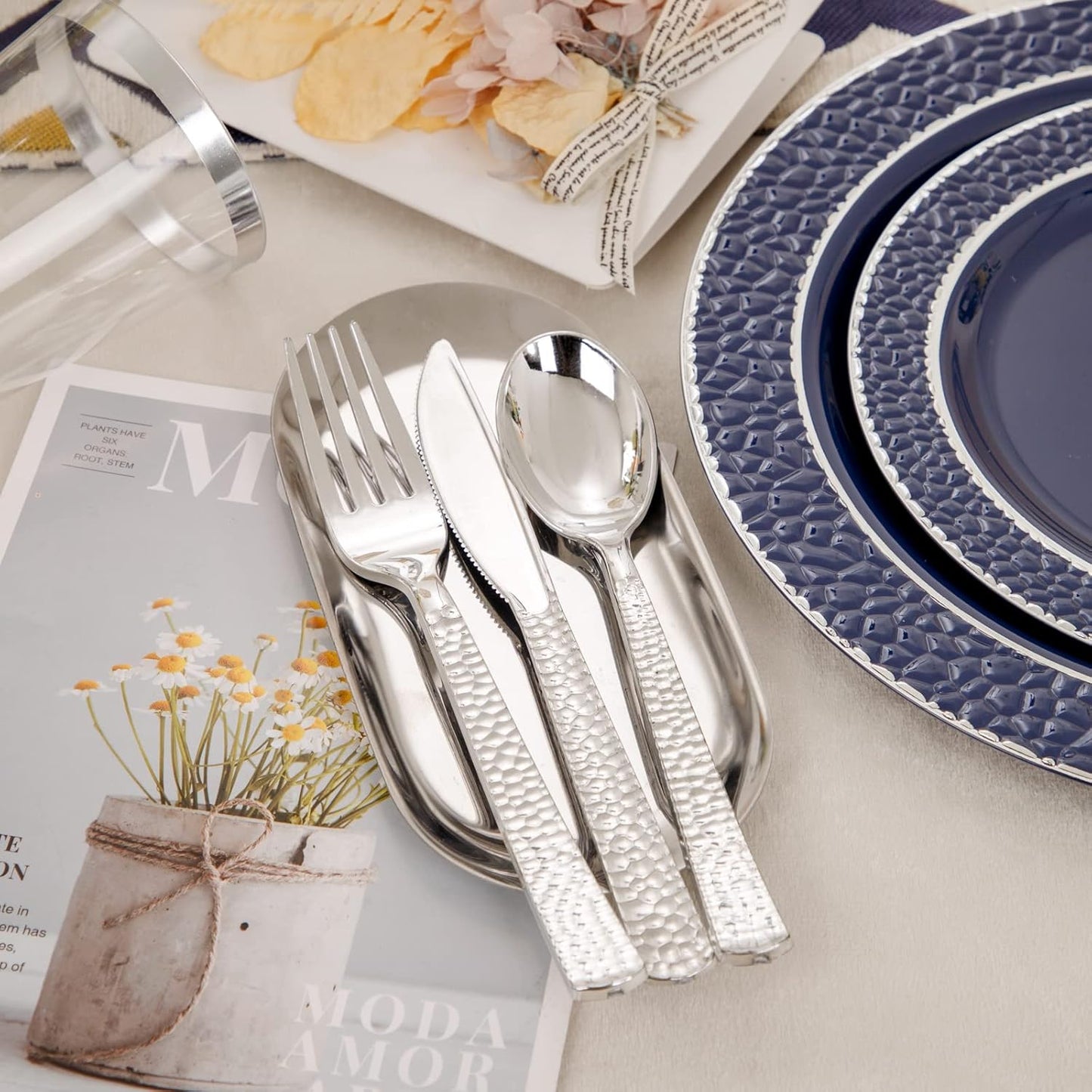 Ciaell 150 PCS Blue and Silver Plastic Plates - Blue Disposable Plate include 50 Plates, 25 Knives, 25 Forks, 25 Spoons, 25 Cups for Weddings & Party & Christmas