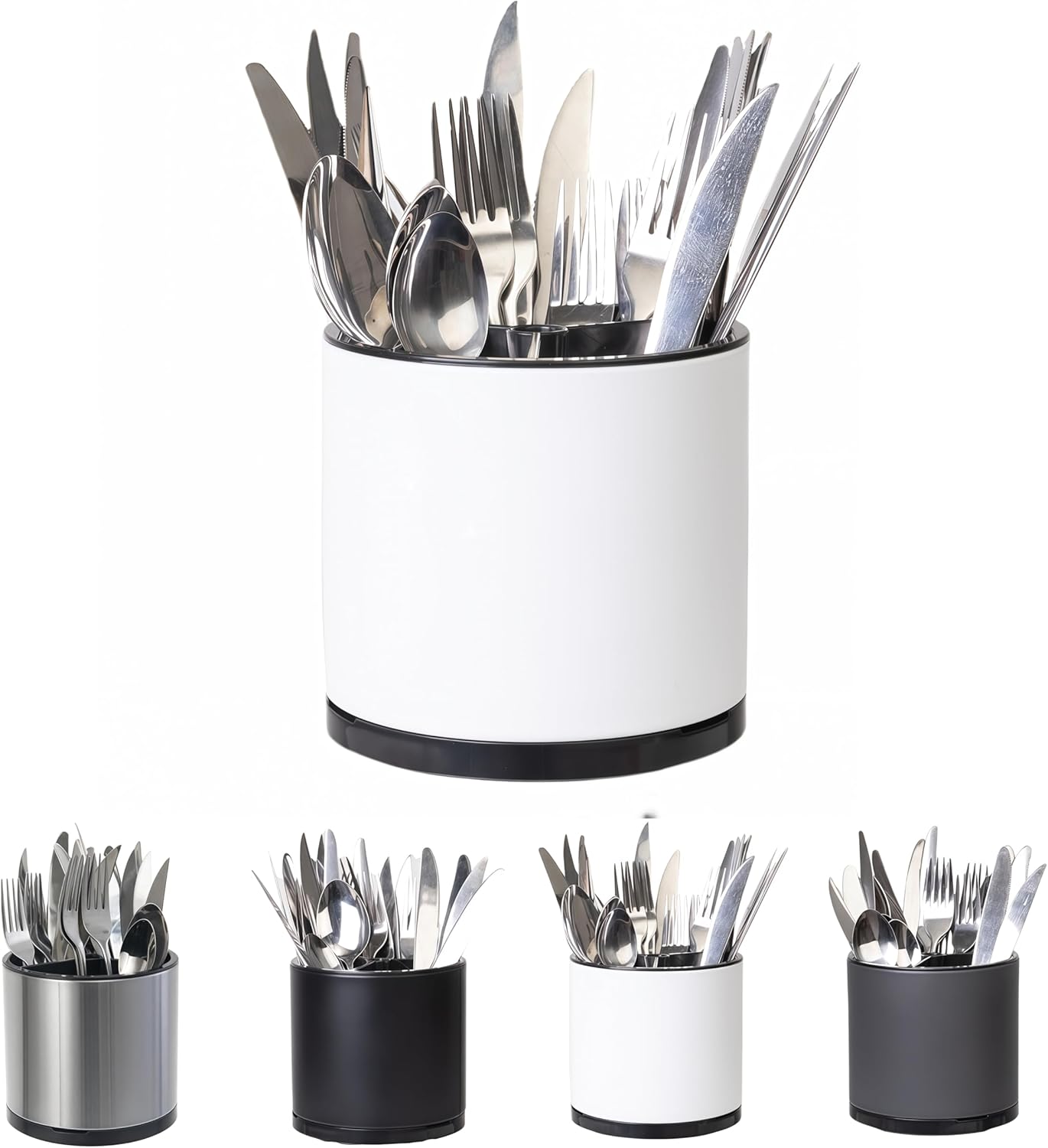 Silverware Organizer Kitchen Utensil Holder 360°Rotating For Counter Organizer Stainless Steel Storage Silverware Caddy 3 Compartment Flatware Spoon Spatula Tool Cutlery Container(White)