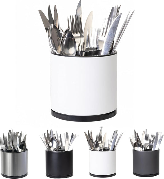 Silverware Organizer Kitchen Utensil Holder 360°Rotating For Counter Organizer Stainless Steel Storage Silverware Caddy 3 Compartment Flatware Spoon Spatula Tool Cutlery Container(White)