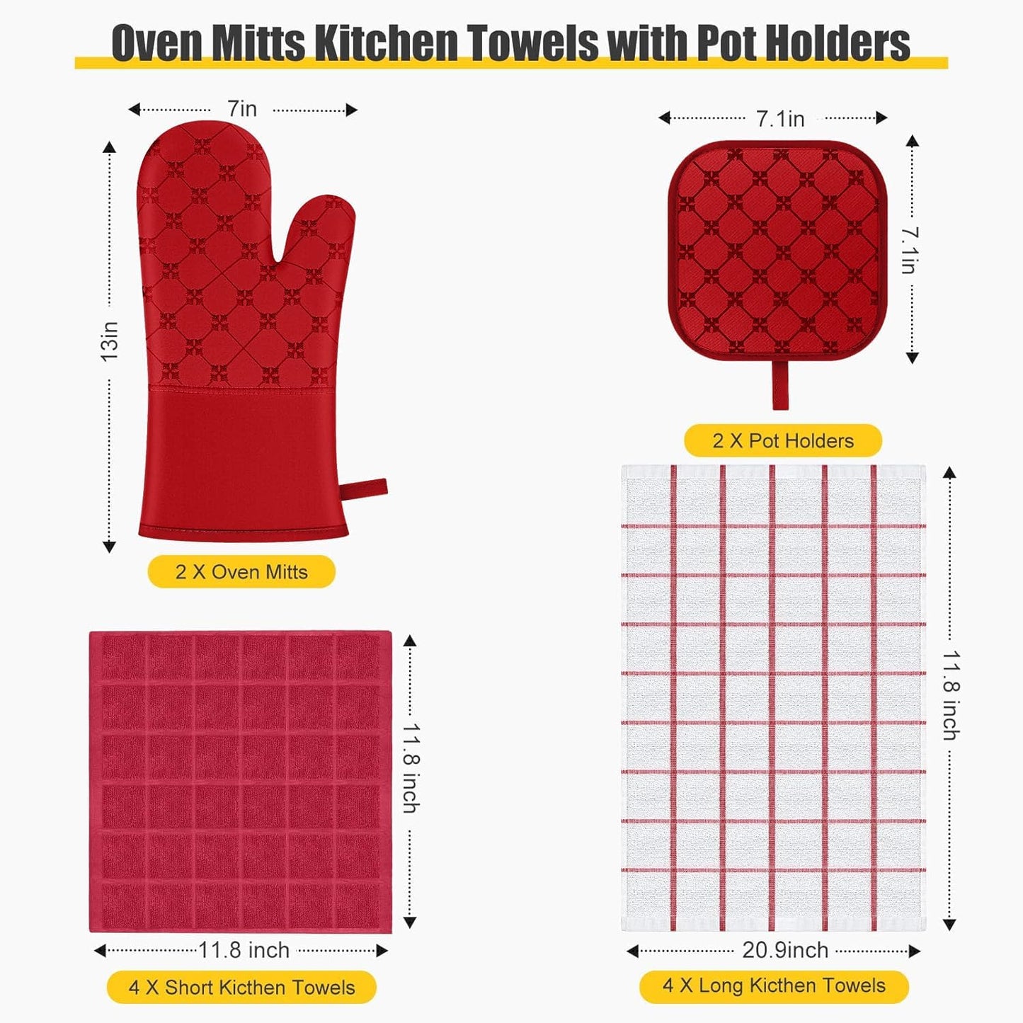 Oven Mitts Kitchen Towels Dishcloths with Pot Holders Sets 12PCS, Dish Towels Sets, Oven Gloves Pot Pads Heat Resistant 500 Degrees with Non-Slip Silicone Surface for Cooking Baking Grilling Red