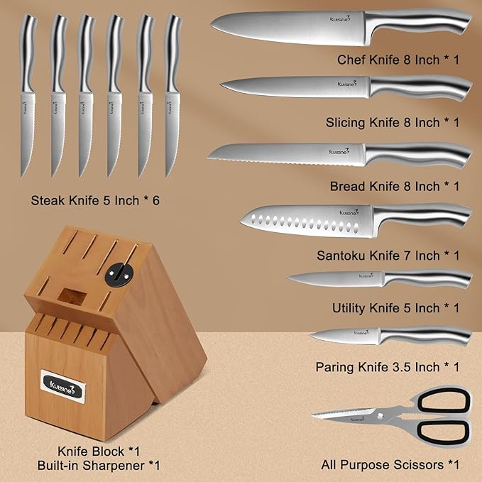 Kuisine Premium Sharp Knife Set,High Carbon Stainless Steel Sharper Blade Ergonomic Non-slip Handle,Kitchen Block Knife Set Chef Knife Block Set with Built-in Sharpener(Acacia, 15PCS)