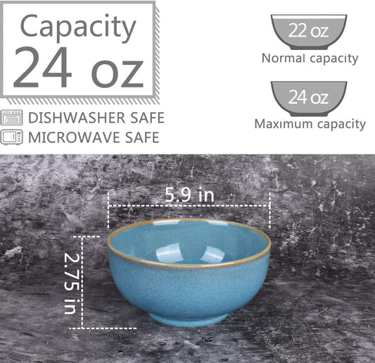Bosmarlin Ceramic Soup Bowl Set of 4, 24 Oz, Cereal Bowl for Oatmeal, Dishwasher and Microwave Safe (5.75 Inches, Lake Blue)