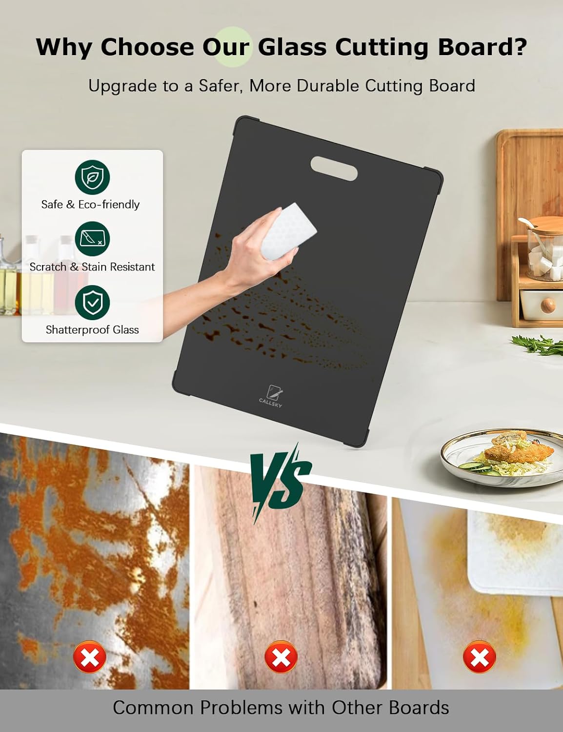 Tempered Glass Cutting Board Set, Large 16"x12" Glass Cutting Board for Kitchen with 4 Non-Slip Feet, Heat & Shatter Resistant Glass Cutting Board Dishwasher Safe, Perfect Kitchen Gift & Decor-Black