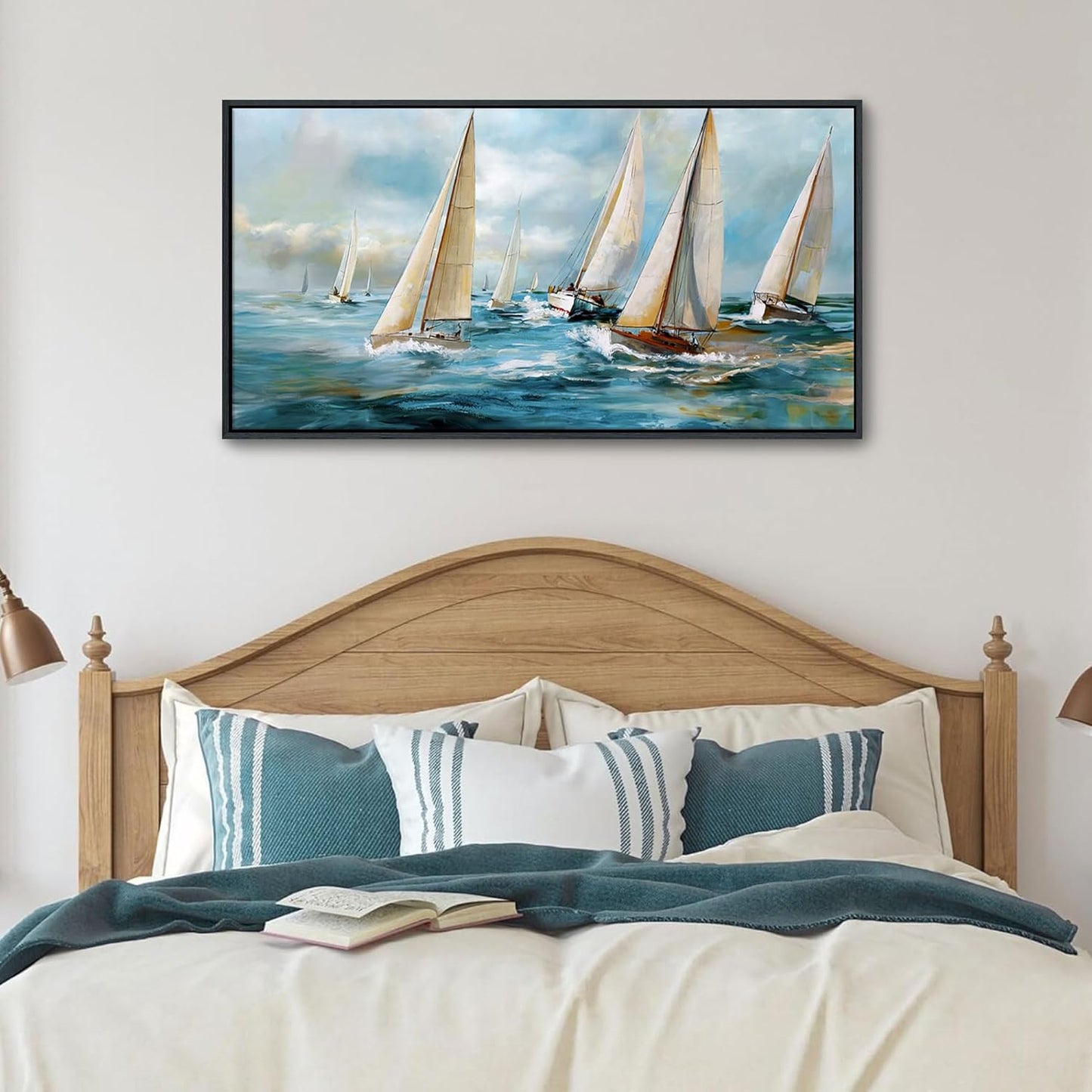 YDYSUNE Sailboat Wall Art - Blue Canvas Retro Painting Textured Picture Artwork Vintage Nautical Large Painting Coastal Modern Print Frame for Living Room Bedroom Home 20x40inch