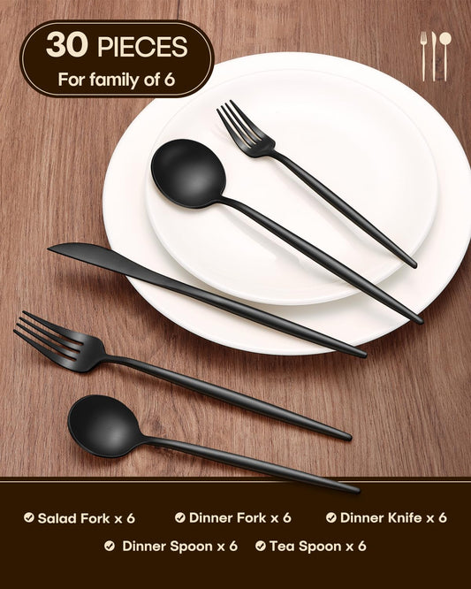 Stapava 30-Piece Matte Black Silverware Set, Stainless Steel Flatware Set for 6, Satin Finish Cutlery Include Forks Spoons and Knives Set for Home Restaurant, Dishwasher Safe Utensils Set