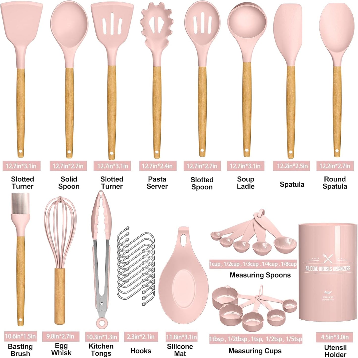 Umite Chef Silicone Kitchen Utensils Set, 33 Piece Non-Stick Kitchen Utensils with Stand, Wooden Handle, Pink