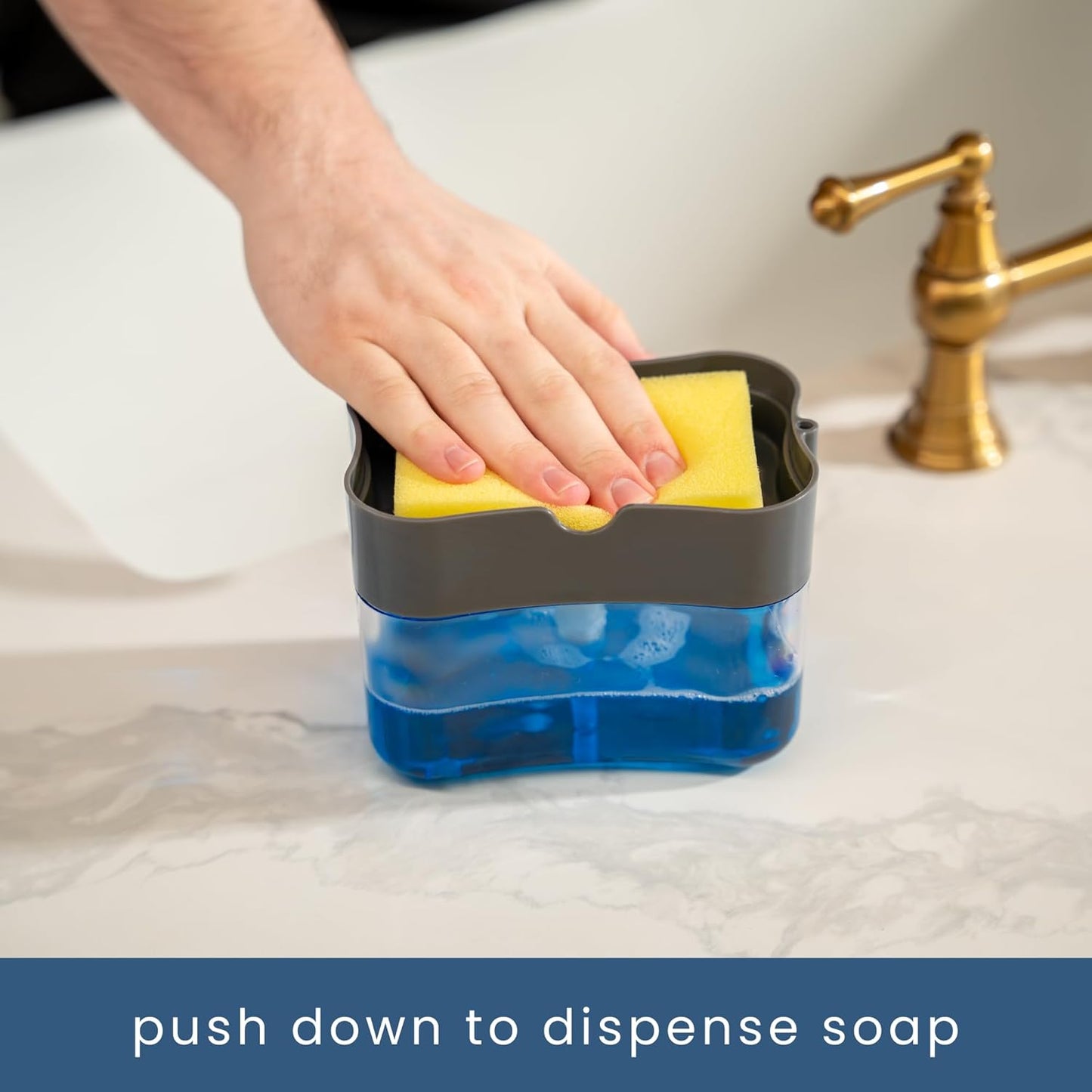 S&T INC. Dish Soap Dispenser and Sponge Holder for Kitchen Sink, Sponge Included, 13 Ounces, Grey