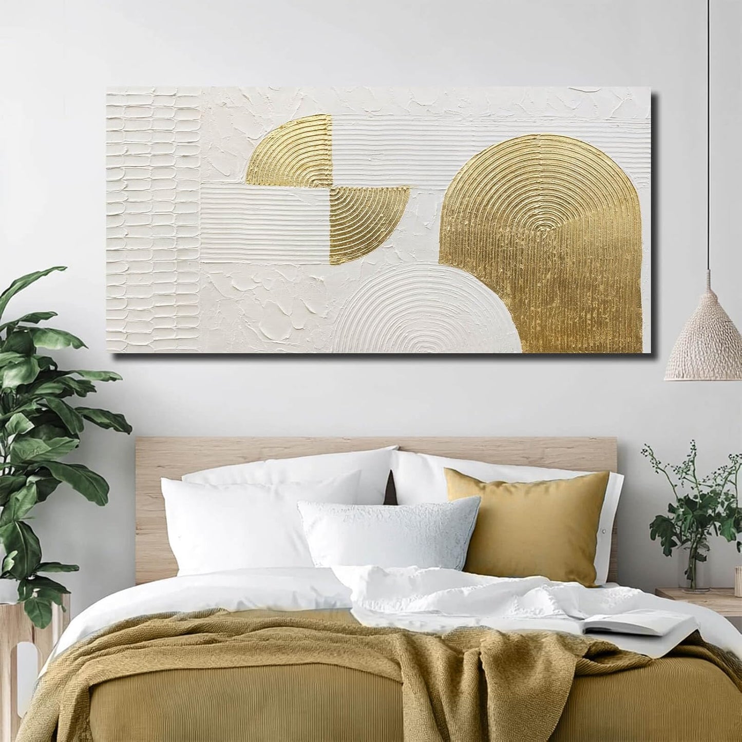 VAYIMDH Geometric Canvas Wall Paintings White and Gold Wall Art Contemporary Wall Decor 29"x58" Large Canvas Wall Art for Living Room Kitchen Artwork