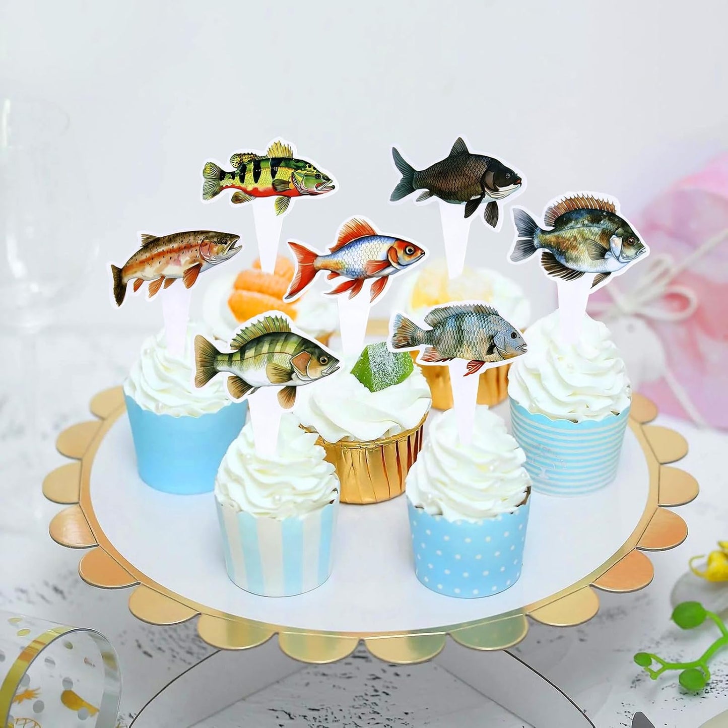 24pcs Fish Cupcake Toppers Go Fishing Theme Decorations Baby Shower Boys Girls Happy Birthday Party Tropical Party Cake Picks Under The Sea Decoration Supplies（two-sided）