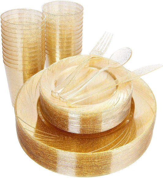 WDF 150pcs Gold Glitter Plastic Plates with Gold Plastic Silverware - Plates include 25 Dinner Plates,25 Salad Plates,25 Forks, 25 Knives, 25 Spoons,10oz Cups for Thanksgiving Wedding, Party