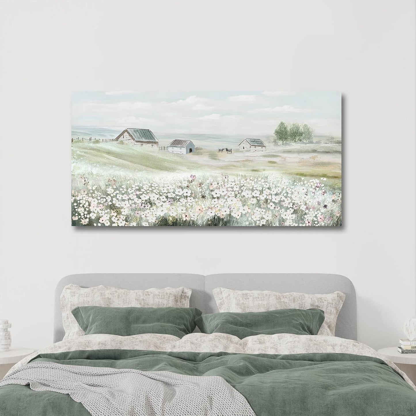 VAYIMDH Farmhouse Wall Art White Flowers Painting Rustic Scenery Green Pictures Wall Decor 24"x 48" Meadow Prints for Living Room Dining Room Bedroom Aesthetic