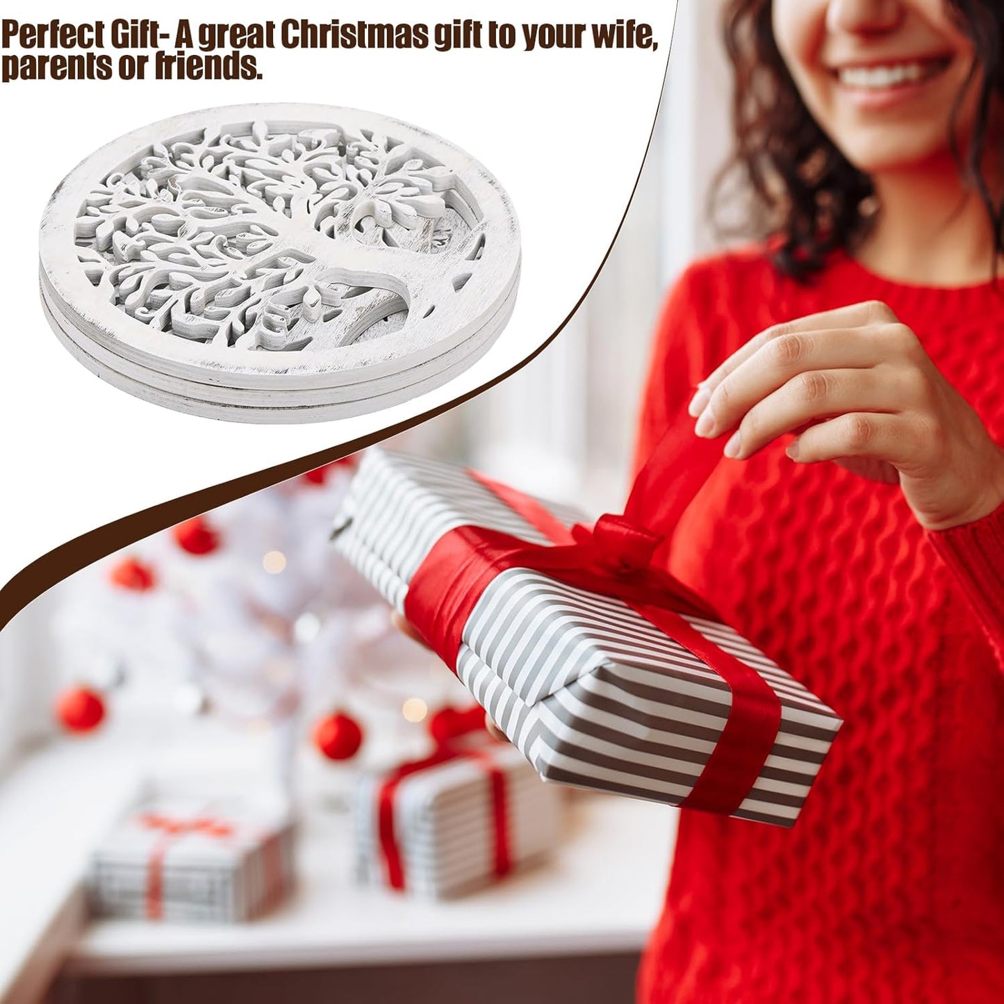 3 Pcs Life Tree Wooden Trivets for Hot Dishes 8 Rustic Round Tree Trivet Set Hot Plate Holders Heat Resistant Polite Trees Coasters for Table Dishes Pots and Pans(White)