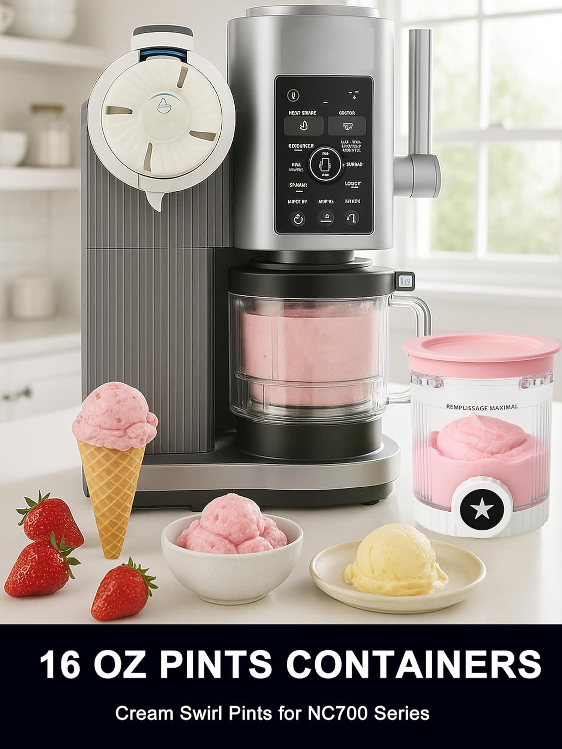 2 Pack Pint Containers Replacement for Ninja Creami Swirl NC700/NC701 Series, 16oz BPA-Free Ice Cream Pints with Lids, Leak-Proof & Dishwasher Safe (Grey/Pink)