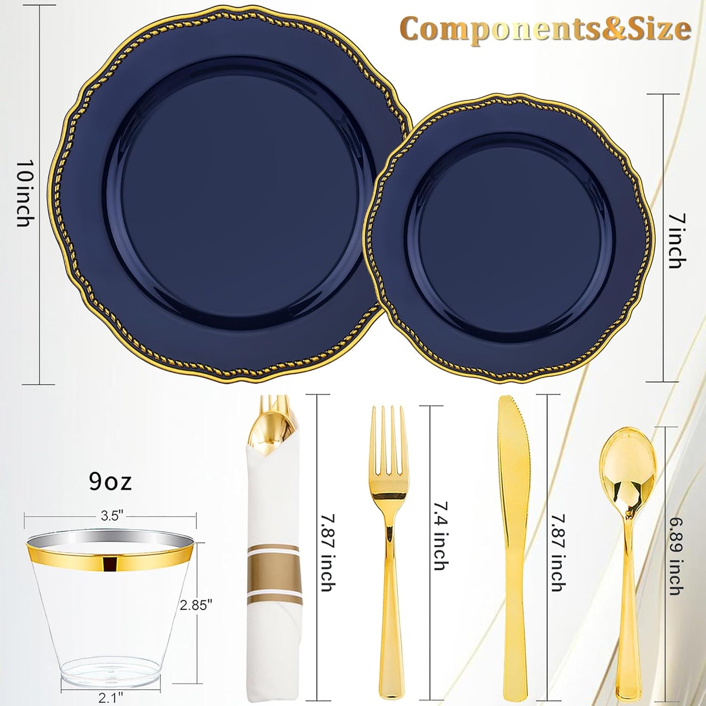 Hioasis 350pcs Blue and gold Plastic Plates - Blue Plastic Dinnerware Set Includes 50 Dinner Plates, 50 Dessert Dinnerware, 50 Cups, 50 Rolled Napkin Cutlery Perfect for Wedding & Party