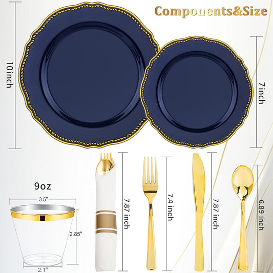 Hioasis 350pcs Blue and gold Plastic Plates - Blue Plastic Dinnerware Set Includes 50 Dinner Plates, 50 Dessert Dinnerware, 50 Cups, 50 Rolled Napkin Cutlery Perfect for Wedding & Party