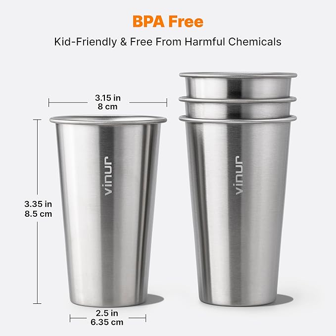 VINUR 4 Pack Stainless Steel Cups 20 oz Pint Tumbler Stackable Metal Drinking Glasses for Travel, Camping, Outdoors (Silver)