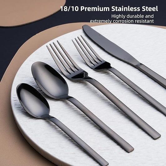 24 Pcs Silverware Flatware Service for 4, 18/0 Stainless Steel Tableware with Steak Knives, High Mirror Polished Cutlery Set in Ergonomic Design Size and Weight, Dishwasher Safe, Black