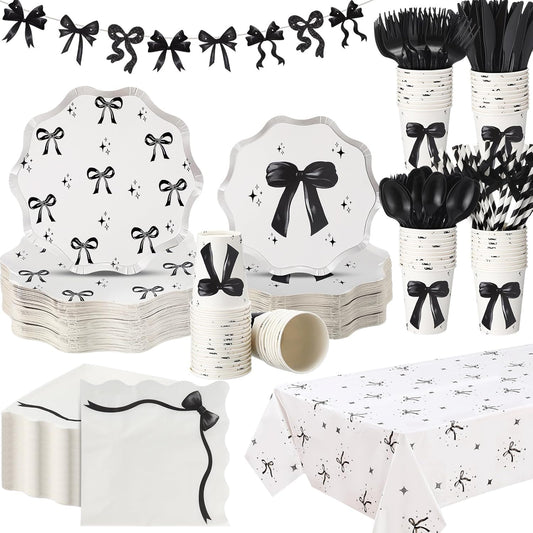 Sawysine 202 Pcs Black Bow Party Supplies Disposable Dinnerware Set 50 Plates 25 Cups 25 Napkins 25 Plastic Forks 25 Knives 25 Spoons 25 Straw Flag Tablecloth to Serve 25 Guests