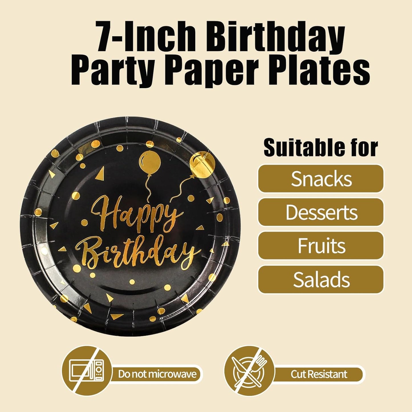 90PCS Happy Birthday Plates and Napkins Party Supplies, Disposable Black Gold Dot Dessert Paper Plates Napkins with Forks Tableware Set Party Decorations for Girl Women Birthday Parties