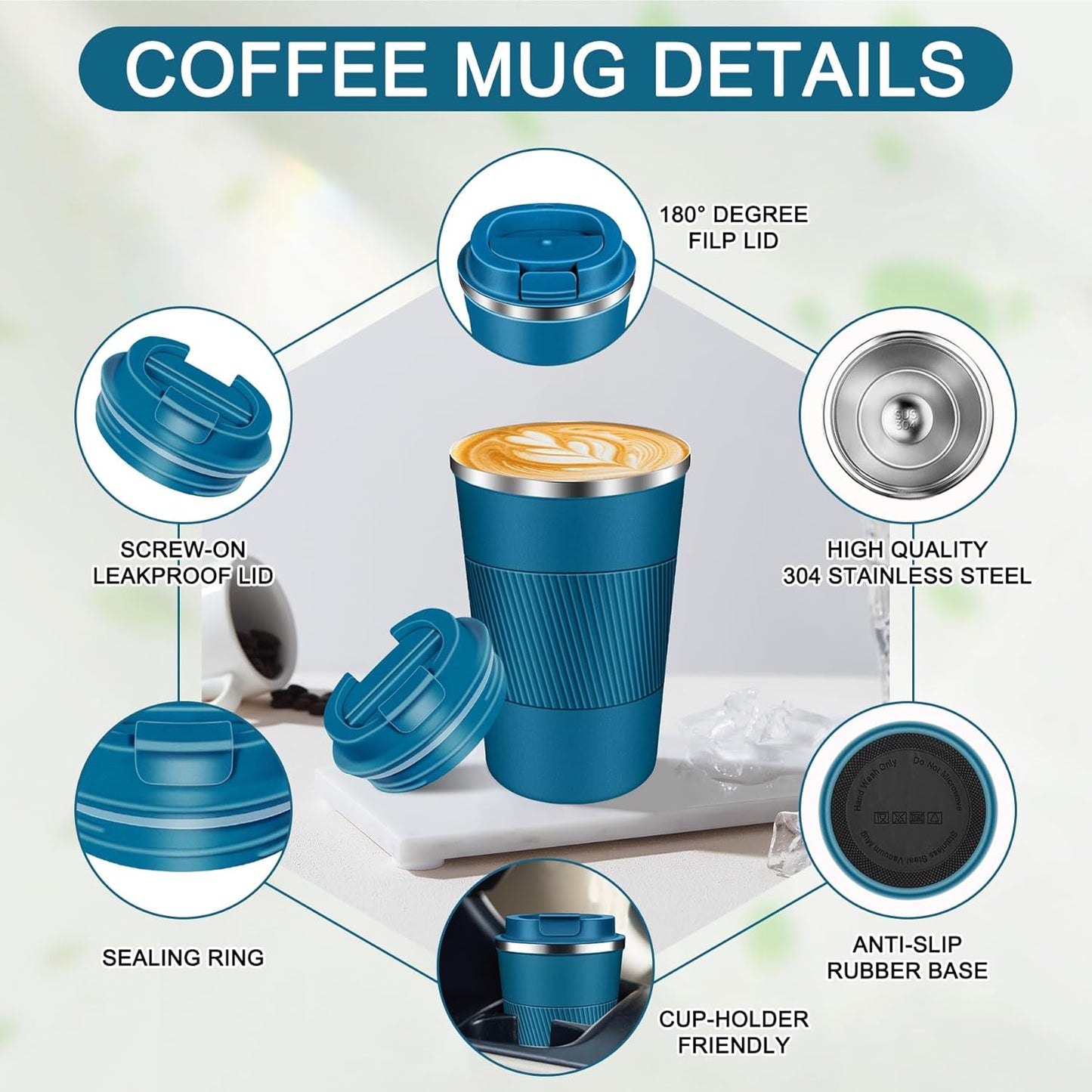 Coffee Travel Mug 12oz Insulated Coffee Mug with Lid Portable Spill-Proof Coffee Travel Mug No Handle Reusable Stainless Steel Mug Keeps Cold and Hot Suitable for Car, Daily, Travel and Gifts