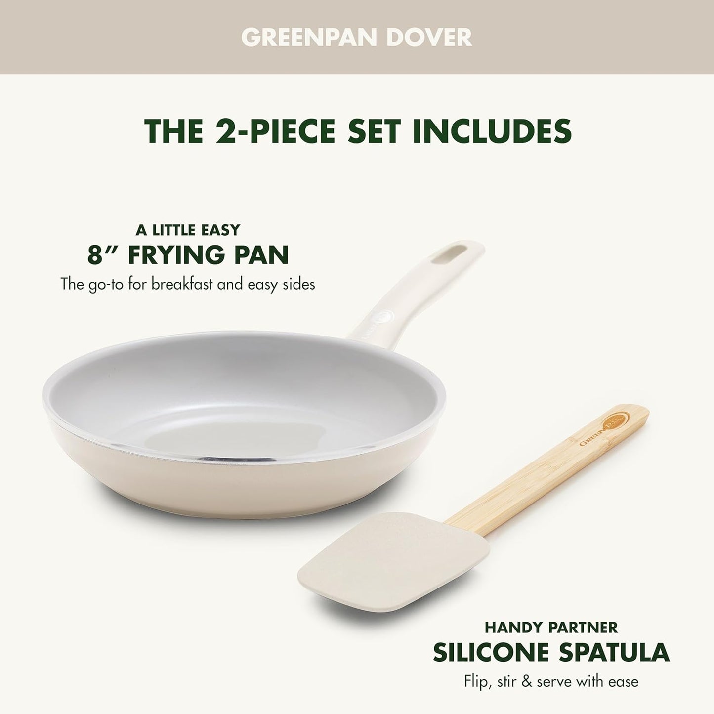 GreenPan Dover 8” Frying Pan Skillet with Spatula, Non-Toxic PFAS-Free Ceramic Nonstick Coating, Sear Saute Fry Egg Omlete, Dishwasher & Oven Safe, Stay Cool Handle, Easy Pour Rims, Cream White