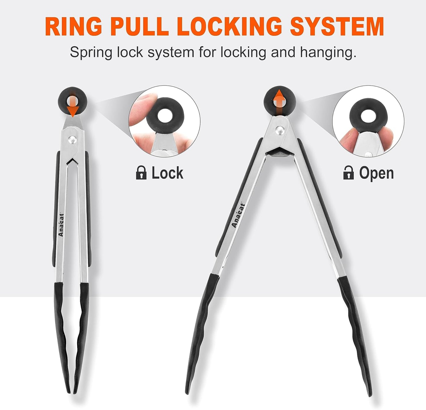 Anaeat 3 Pack 7" Mini Non-Stick Silicone Locking Tongs - Stainless Steel Kitchen Food Tong with Non-Slip Silicone Tips and Grip for Cooking, Baking and BBQ - Metal Tongs Heat Resistant up to 480°F