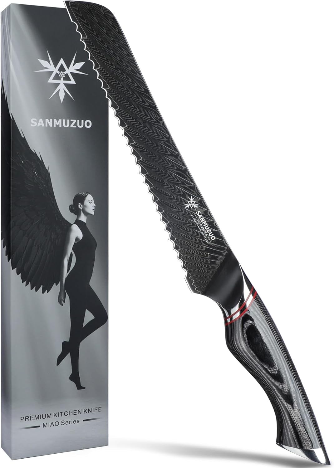 8 Inch Bread Knife Serrated Blade - Black Damascus Steel with Ergonomic Handle - MIAO Series