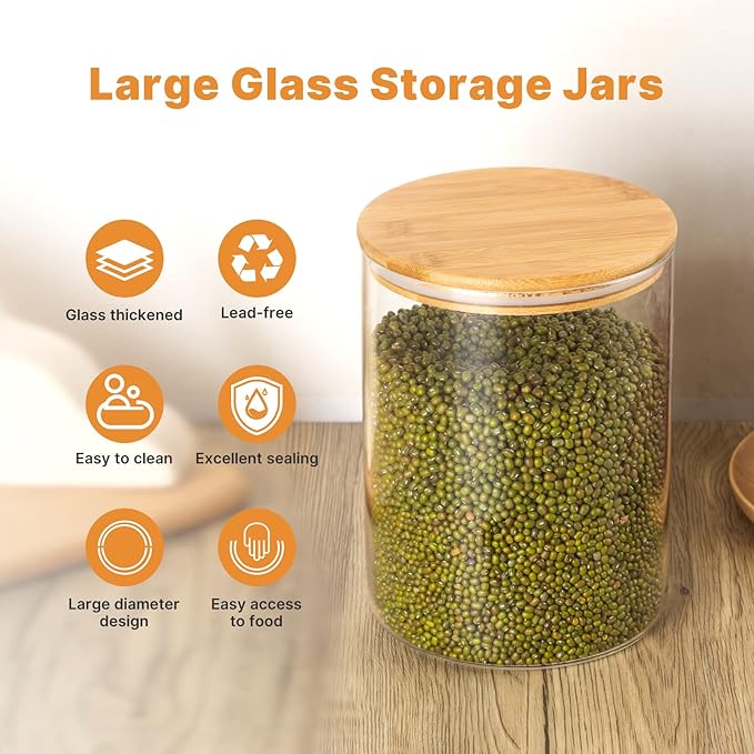 Liuruiyu 2-Pack Glass Food Storage Jars 105oz / 3100ml (3.3qt) – Stackable Airtight Glass Canisters with Bamboo Lids for Coffee, Sugar, Flour, Tea, Candy, Cookies, and Spices