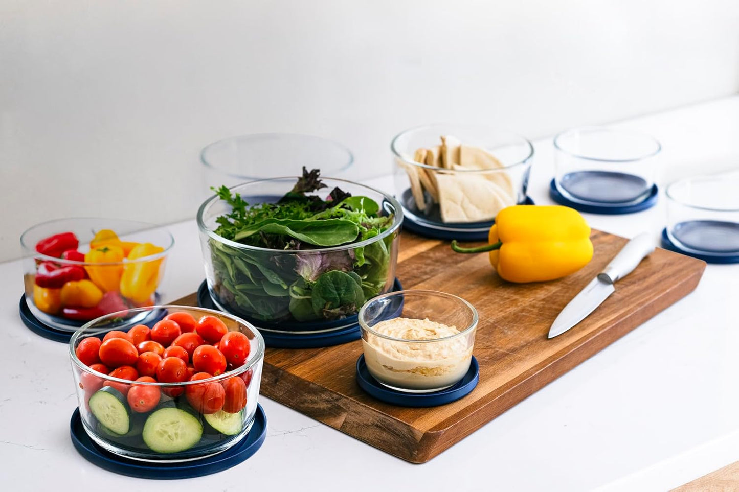 DURA LIVING 16-Piece Glass Food Storage Containers Set (8 Containers + 8 Lids) | Round, Nesting, Microwave & Dishwasher Safe | BPA-Free, Space-Saving | Blue Lids for Pantry & Kitchen Organization