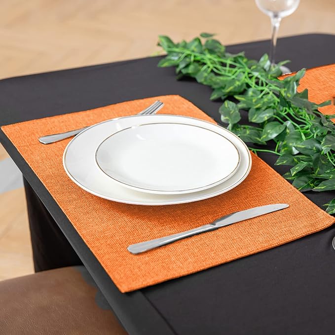 Linen Fabric Placemats Set of 4, Machine Washable, Heat Resistant, Wrinkle Free Thick Polyester Kitchen Place Mats for Dining Table (Orange)