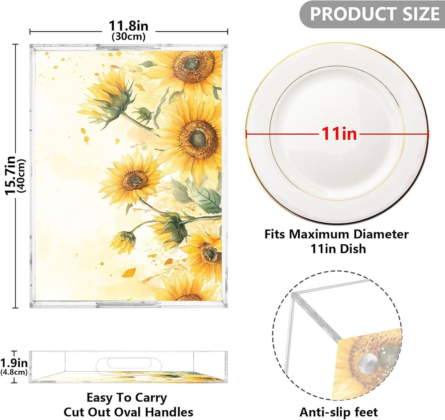 Acrylic Serving Tray with Handles Spill Proof Kitchen Storage Tray Clear Decorative Tray Makeup Drawer Organizer Storage Tray for Bathroom Living Room Ottoman 15.7x11.8Inches