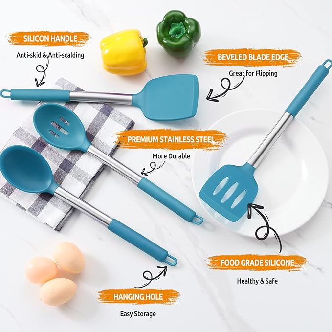 Cooking Utensils Set of 4, E-far Silicone Kitchen Utensils for Non-stick Cookware, Heat Resistant & Non-toxic Slotted Spatula Solid Spoon Turner for Flipping Mixing Serving Basting(Teal Blue)