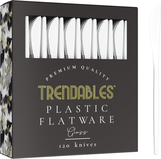 Trendables Disposable Plastic Cutlery - 120 Pack White Plastic Knives, Silverware Set