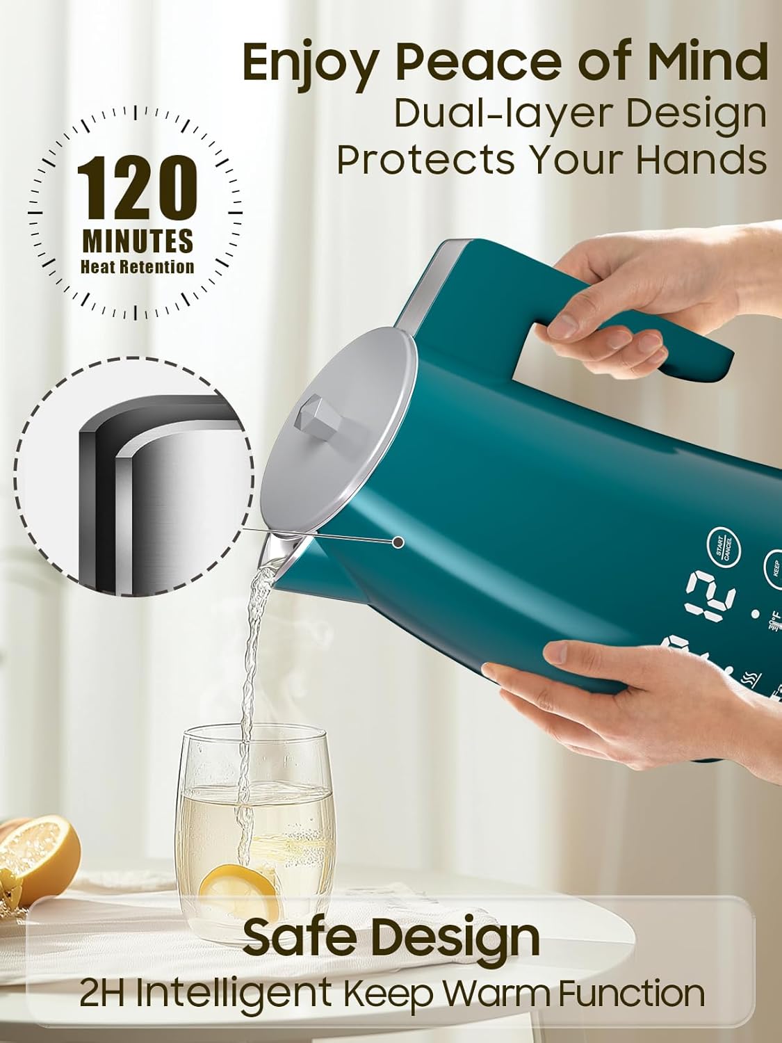 Temperature Control Electric Kettle, 5 Temp Presets, 2H Keep Warm,1.25L 1200W Fast Boil with LED Display, Cool-Touch Design with Auto Shut-Off, Cordless Design, Ideal for Tea and Coffee(Green）