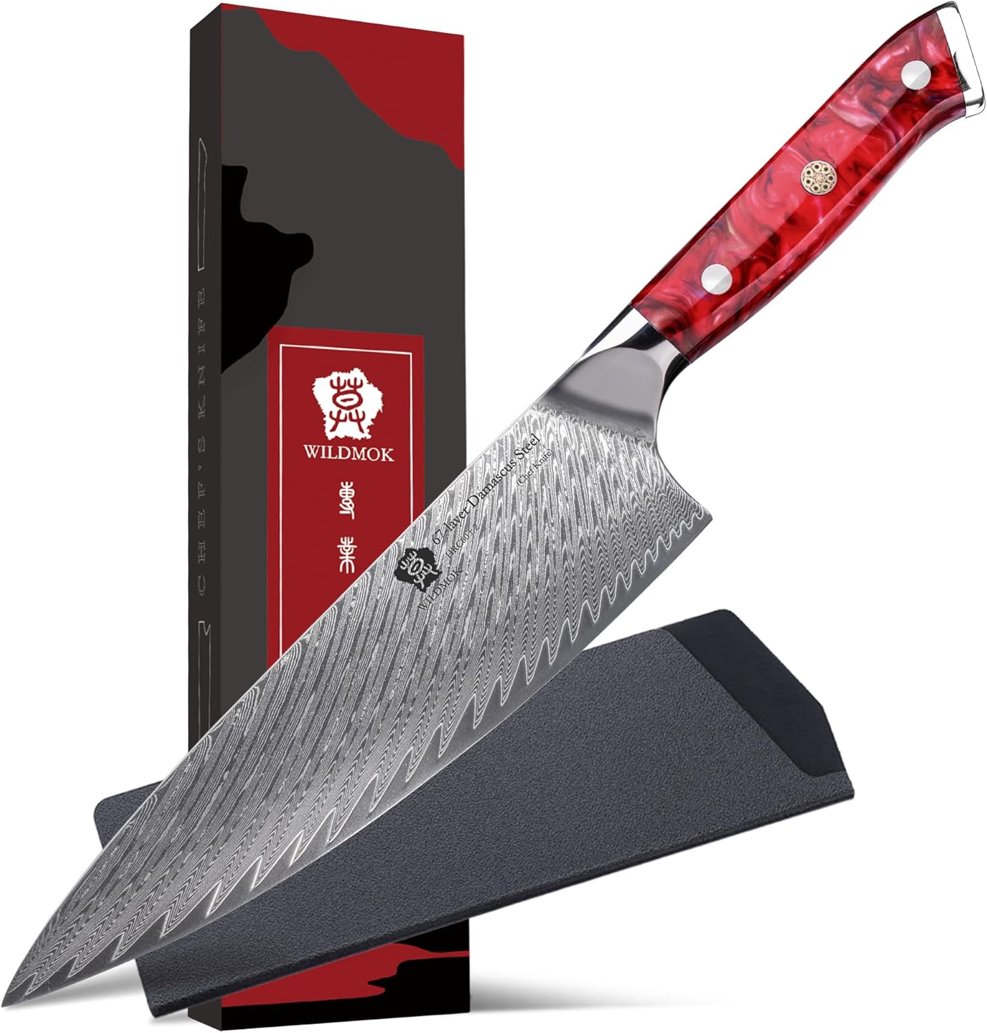 WILDMOK Chef Knife,8 inch Damascus Japanese Chef Knife, professional sharp Damascus kitchen knife,Red Resin Handle Kitchen Cooking chef's knives