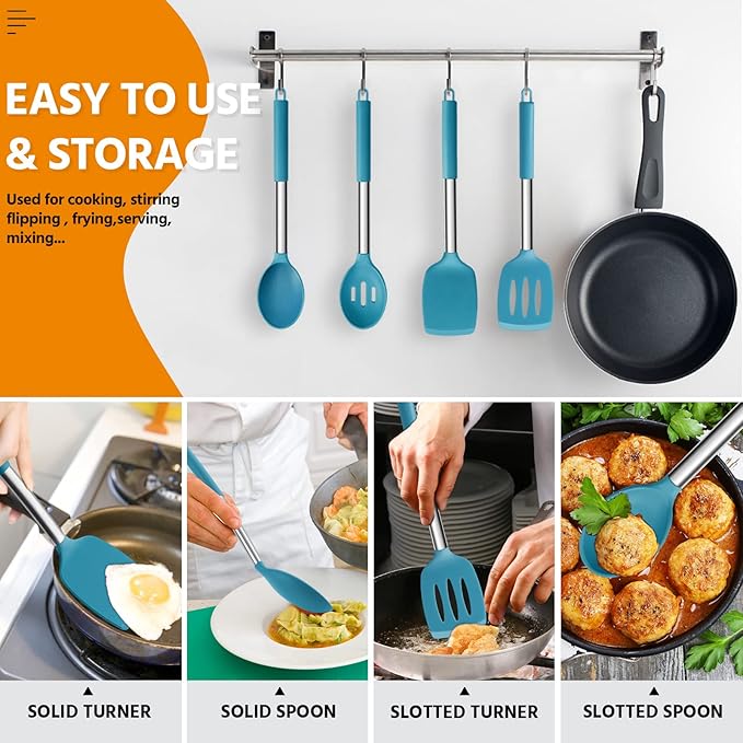 Cooking Utensils Set of 4, E-far Silicone Kitchen Utensils for Non-stick Cookware, Heat Resistant & Non-toxic Slotted Spatula Solid Spoon Turner for Flipping Mixing Serving Basting(Teal Blue)