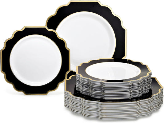 " OCCASIONS " 80 Plates Pack,(40 Guests) Heavyweight Premium Wedding Party Disposable Plastic Plates Set -40 x 10.5'' Dinner + 40 x 8'' Salad/Dessert (Imperial in Black & Gold)