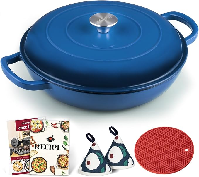 Overmont Enameled Cast Iron Dutch Oven - 3.8 Quart Dutch Oven Pot with Lid - Shallow Cookware Braising Pan - Cast iron Casserole with Cookbook & Heat-resistant Caps - Oven Safe up to 500° F