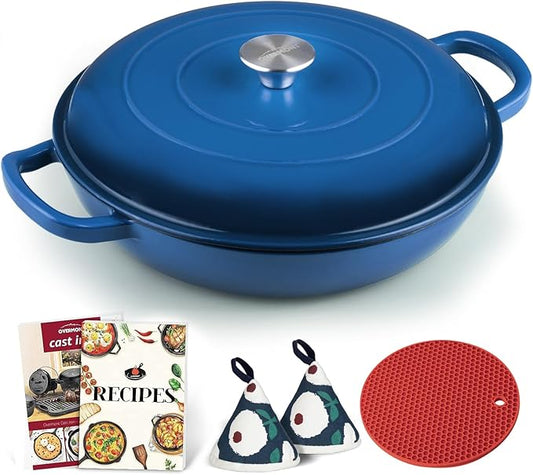 Overmont Enameled Cast Iron Dutch Oven - 3.8 Quart Dutch Oven Pot with Lid - Shallow Cookware Braising Pan - Cast iron Casserole with Cookbook & Heat-resistant Caps - Oven Safe up to 500° F