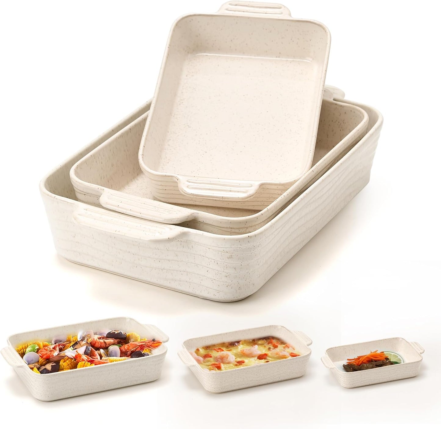 Ceramic Baking Dish Set of 3, Casserole Dishes for Oven, Square Porcelain Bakeware Set with Handles, Lasagna Baking Pan for Cooking, Perfect for Baking and Serving, Housewarming, Halloween, Thanksgiving, Christmas, New Year-Reactive White