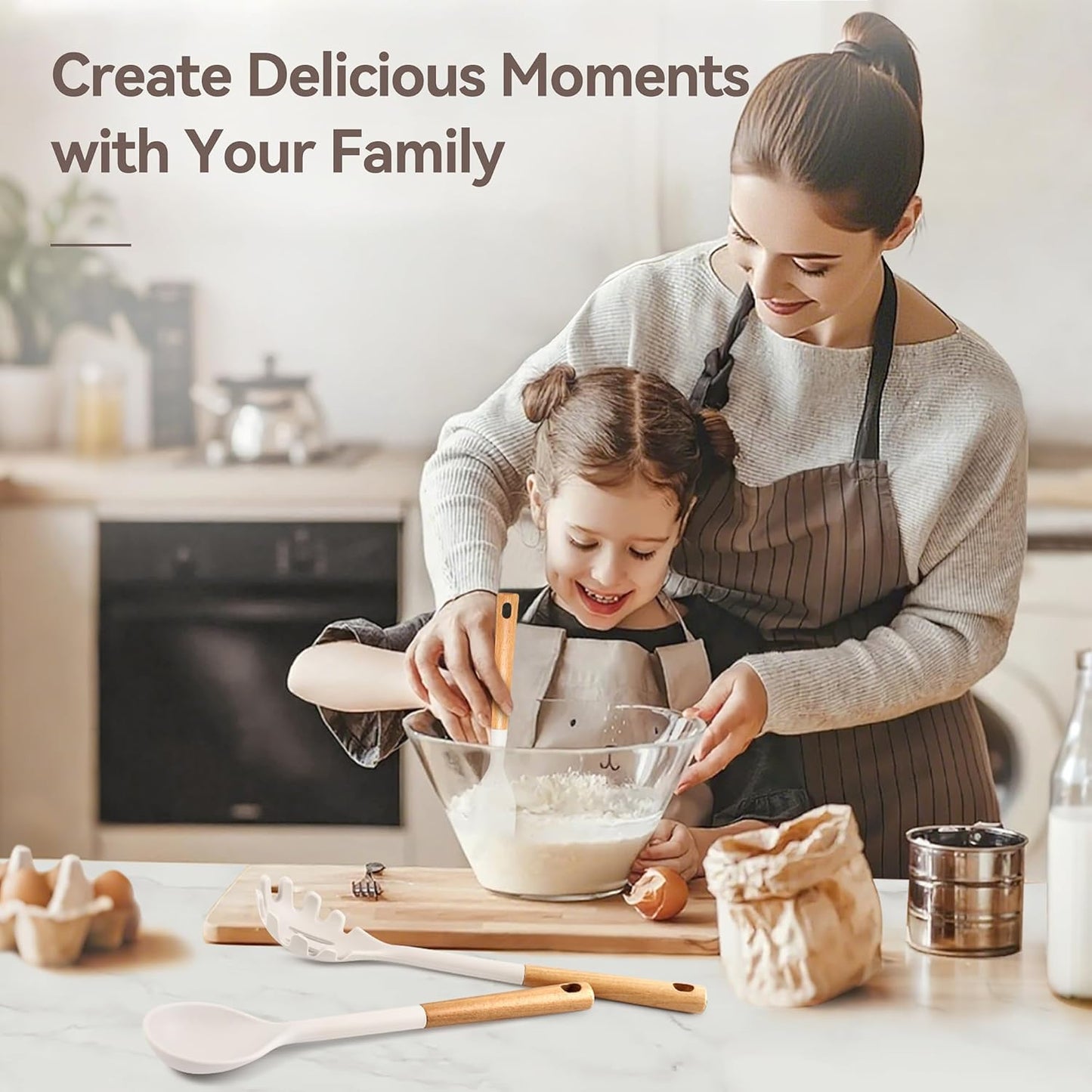 Kitchen Utensils Set, Large Non-stick Silicone cooking utensils set 6 Pcs, Wooden Handle Heat Resistance Silicone Spatula Soup Ladle Pasta Server Kitchen Gadgets Utensils Set BPA Free (White)