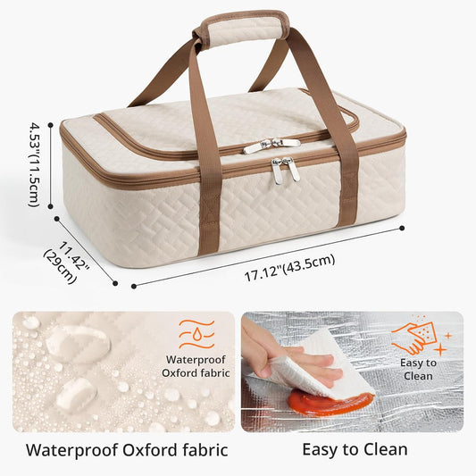 Insulated Casserole Carrier - Portable Casserole Carrier for Hot or Cold Food, Lasagna Holder for Parties,Picnic,Cookouts,Traveling - Fits 9" x 13" Baking Dish (Beige)