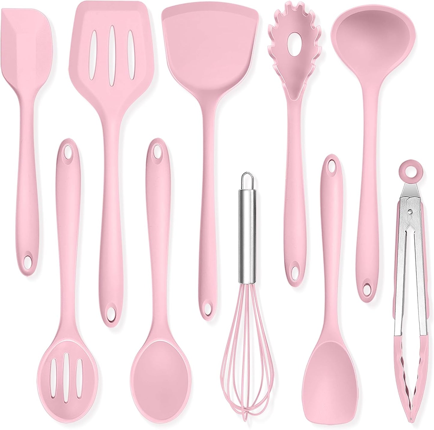 TeamFar Kitchen Cooking Utensils, 10 pcs Silicone Cooking Utensils Set, 446°F Heat Resistant Kitchen Gadgets Tools Set w/Spatula, Turners, Spoons, Soup Ladle, Pasta Server for Nonstick Cookware, Pink